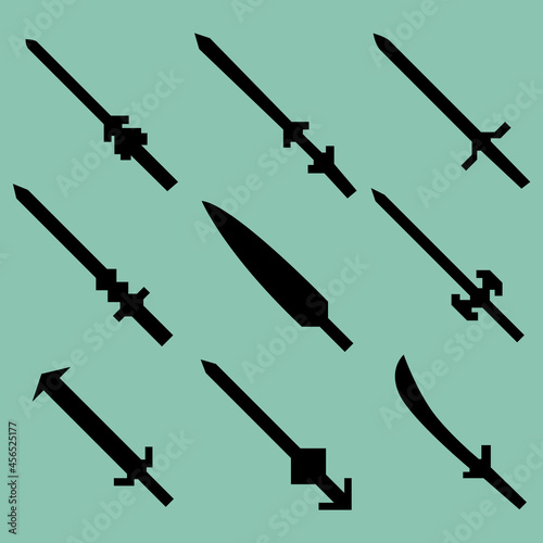 Set of nine silhouettes of combat swords. Image for icons, icons, games, sites and more.