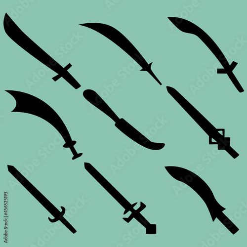Set of nine silhouettes of combat swords. Image for icons, icons, games, sites and more.