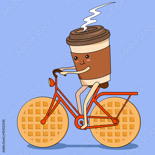 Creative concept food vector illustration takeaway coffee cup riding the bike with waffles wheels.