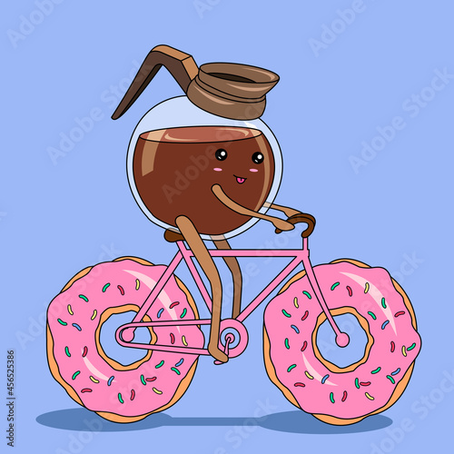 Creative concept food vector illustration coffee pot riding the bike with donut wheels.