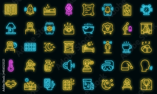 Sleep problems icons set. Outline set of sleep problems vector icons neon color on black