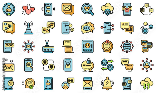 Messaging network icons set. Outline set of messaging network vector icons thin line color flat isolated on white