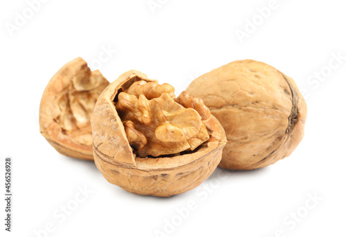 Fresh ripe walnuts in shell on white background