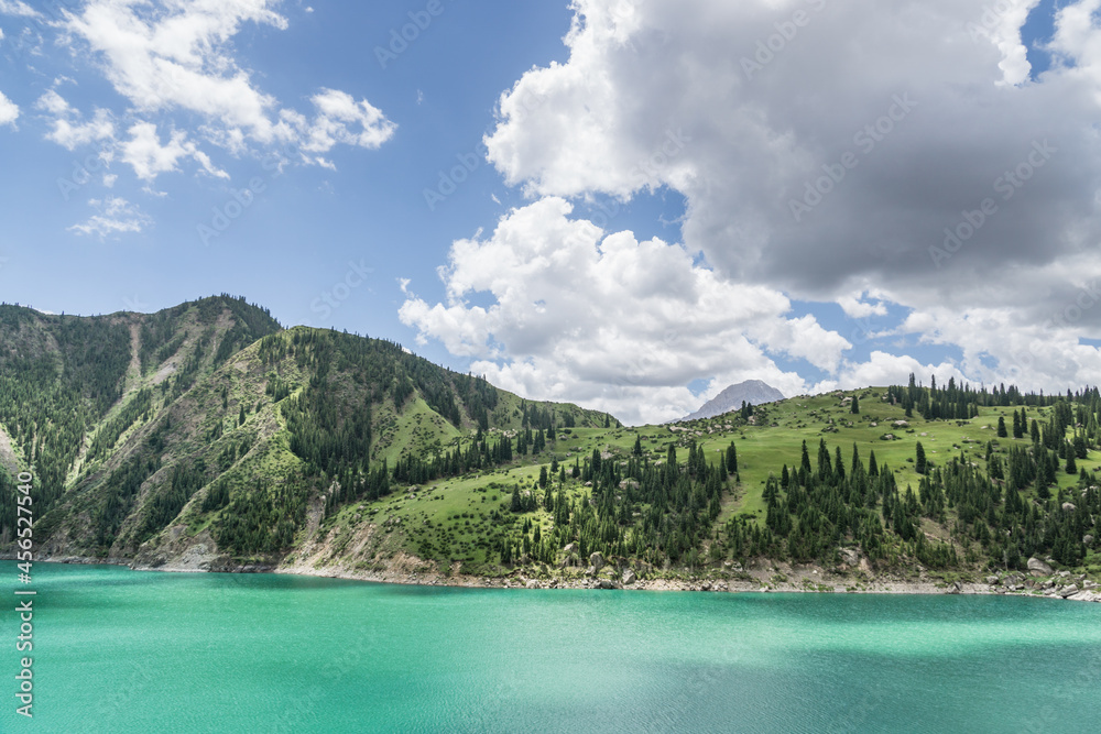 Snow mountains, grasslands, forests and lakes along G217 highway in Xinjiang, China in summer
