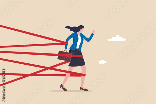 Gender barrier, woman career obstacle or inequality, limitation or discrimination, effort to overcome difficulty concept, strong businesswoman try with full effort to break red tape to growing in work
