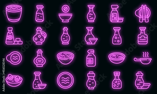 Soy sauce icons set. Outline set of soy sauce vector icons neon color on black