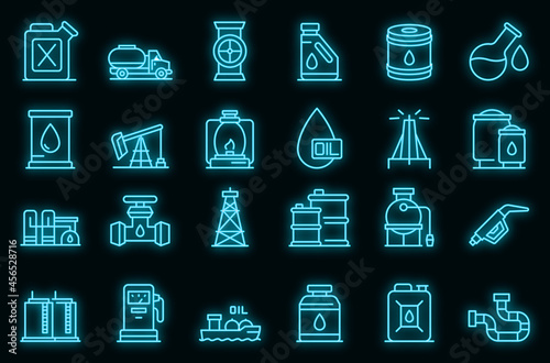 Kerosene icons set. Outline set of kerosene vector icons neon color on black
