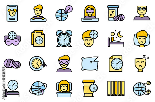 Jet lag icons set. Outline set of jet lag vector icons thin line color flat isolated on white