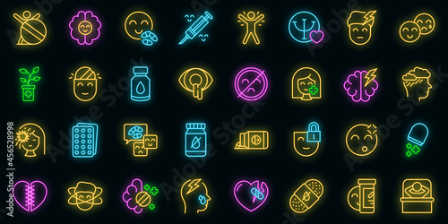 Antidepressant icons set. Outline set of antidepressant vector icons neon color on black