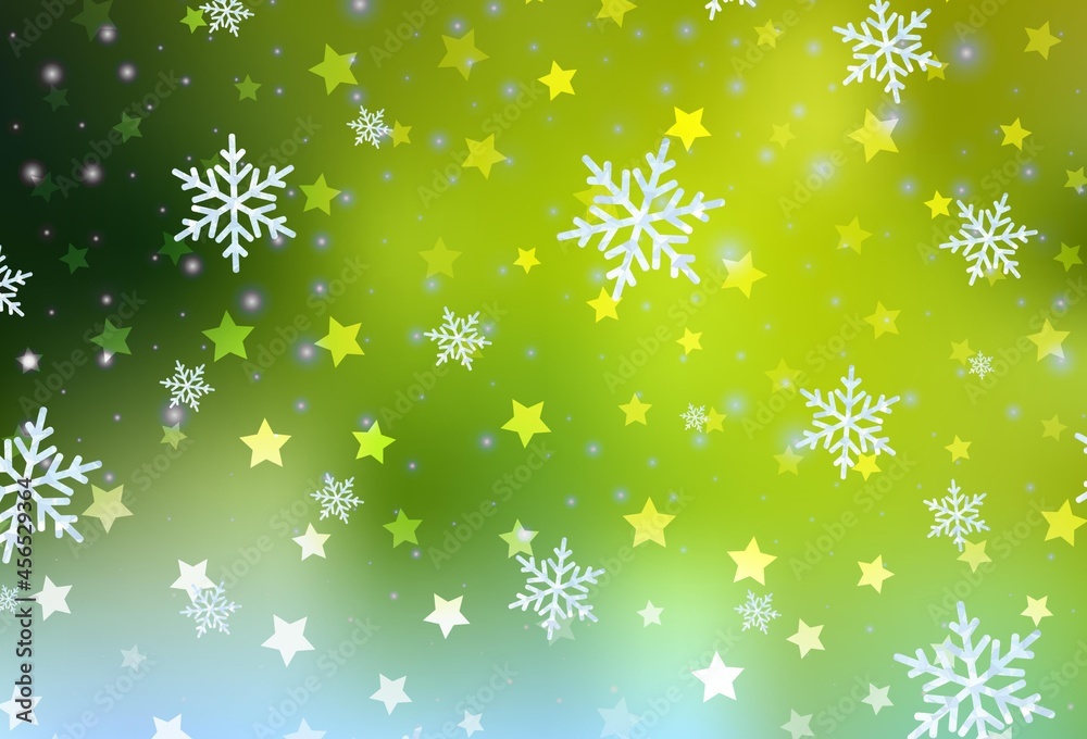 Light Green, Yellow vector background with xmas snowflakes, stars. Light Green, Yellow vector background with xmas snowflakes, stars.