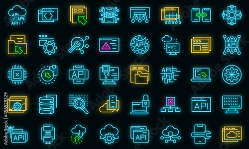 API icons set. Outline set of API vector icons neon color on black
