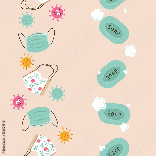 Corona Pandemic Related Objects Vector Seamless Vertical Borders Set