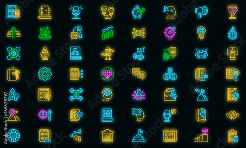 Realization icons set. Outline set of realization vector icons neon color on black