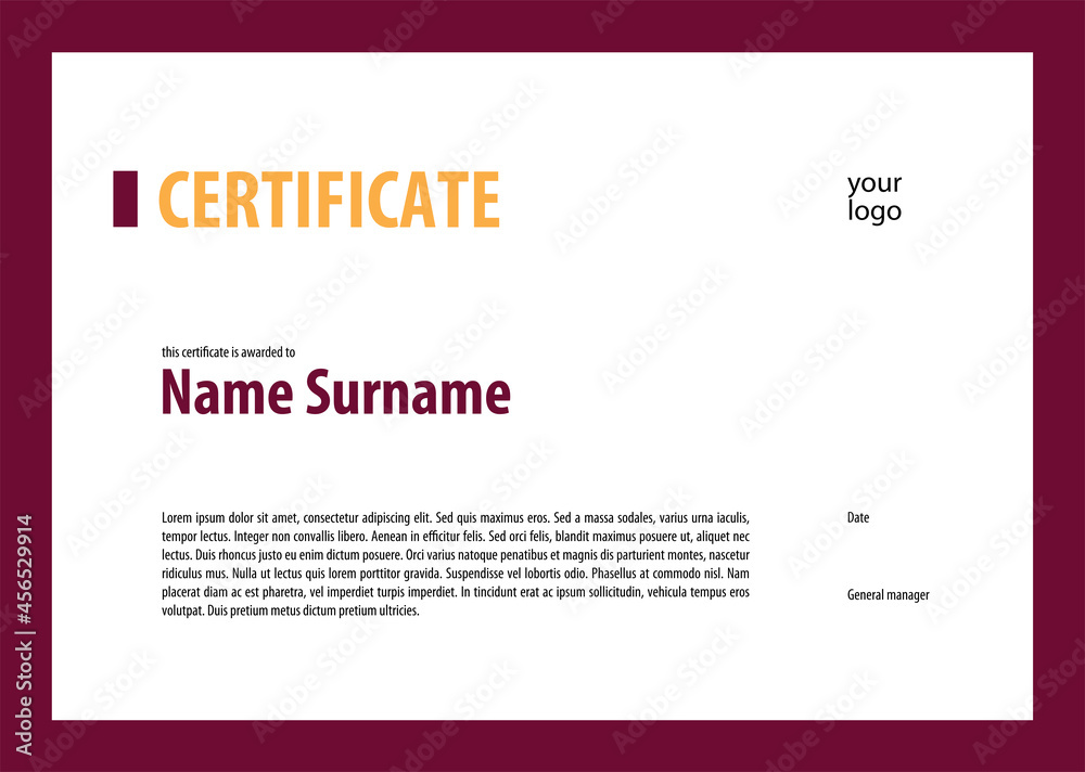 Certificate design template. Burgundy yellow colors. Minimalism. Diploma. Vector.