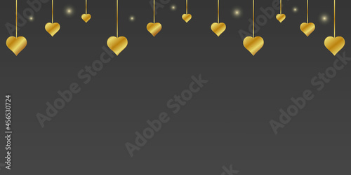 Black background with golden hearts hanging on golden threads. 3 D. Vector illustration.