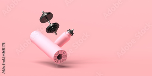 Floating mat, hand weight and water bottle. 3D illustration. Copy space. Fitness.