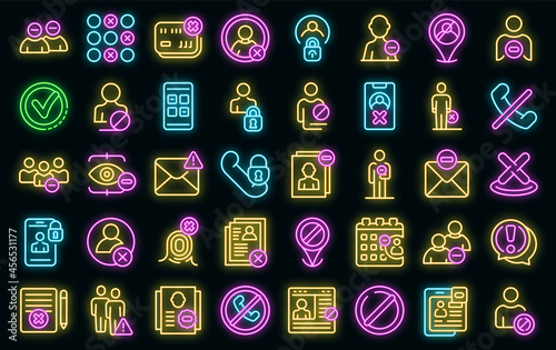 Blacklist icons set. Outline set of blacklist vector icons neon color on black