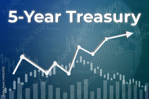 Price change on trading bonds 5-Year Treasury on blue finance background from graphs, charts, columns, pillars, candles, bars, number. Trend Up and Down, Flat. 3D illustration