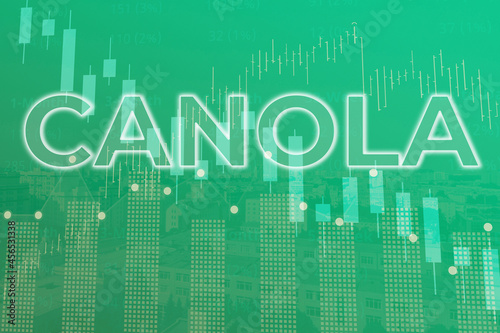 Price change on trading Canola futures on magenta finance background from graphs, charts, columns, pillars, candles, bars, number. Trend up and down. 3D illustration