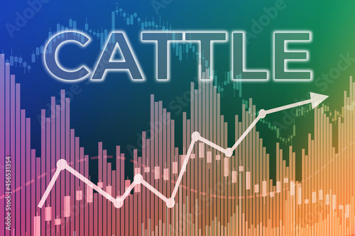 Price change on trading Cattle futures on finance background from graphs, charts, columns, pillars, candles, bars, number. Trend Up and Down, Flat. 3D illustration