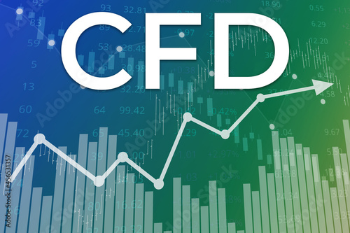 Financial term CFD (Contract For Difference) on blue finance background from graphs, charts, columns, candles, bars, numbers. Trend Up and Down, Flat. 3D illustration photo