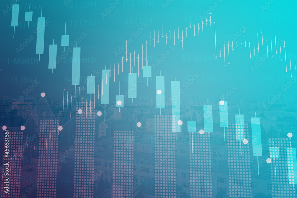 Obraz premium Financial background of stock and derivatives market, graphs, charts, columns, lines, numbers in blue and pink colors. Trend up and down. 3D illustration