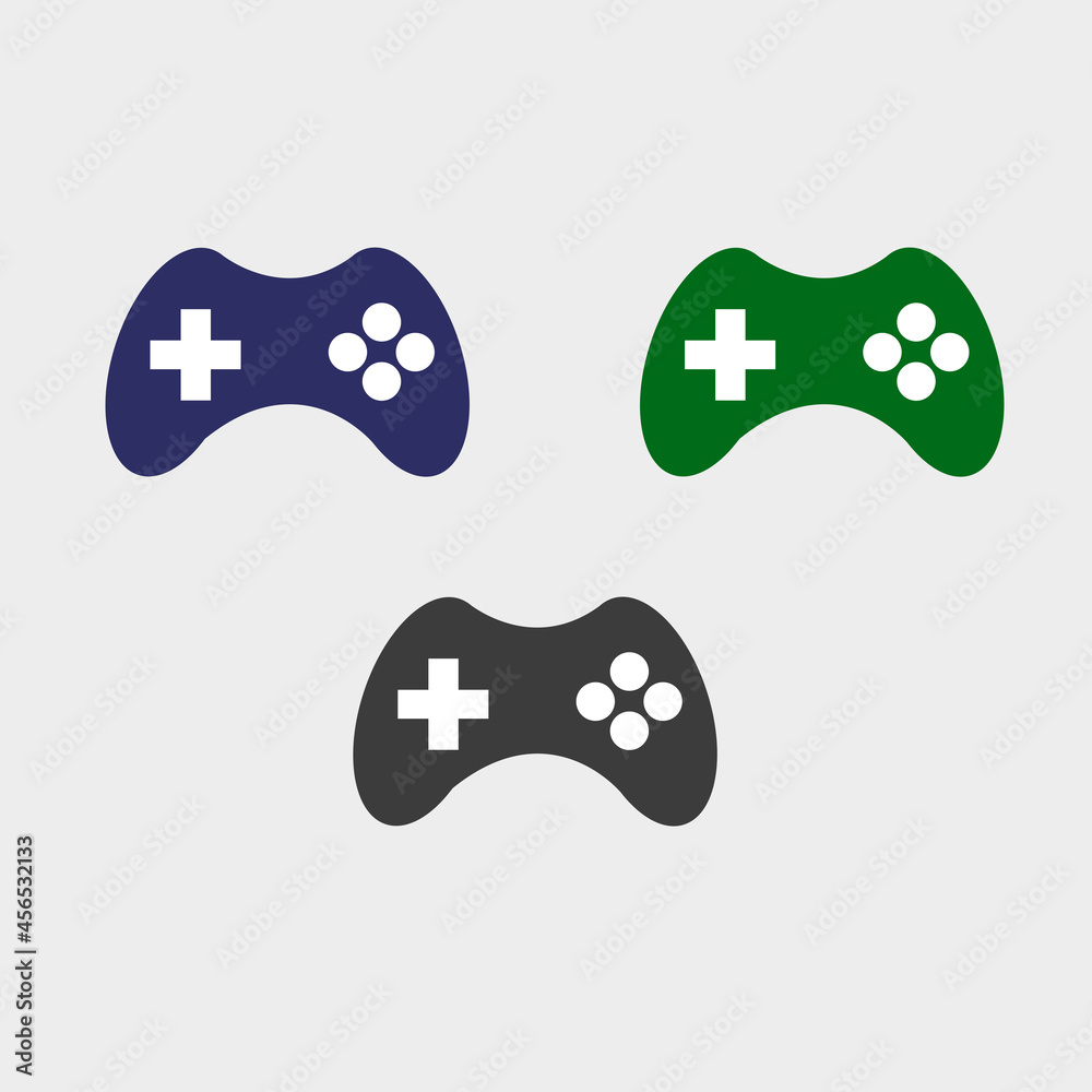 A set of game joysticks. 3 joysticks of different colors on a white background. Game equipment. Vector image A set of game joysticks. 3 joysticks of different colors on a white background. Game equipment. Vector image