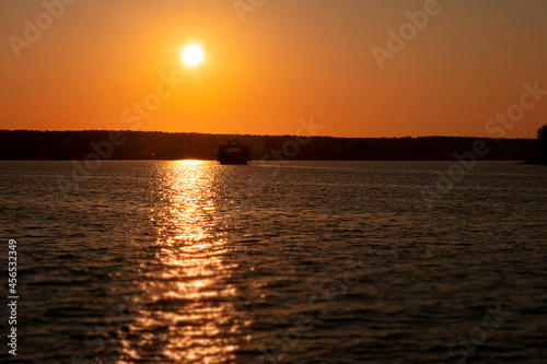 Morning sunrise sky, ship silhouette
