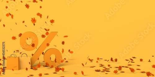 Autumn season discounts. 3D illustration. Copy space.