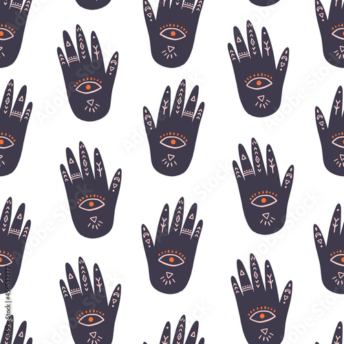 Seamless pattern with buddha hand. Hand drawn vector illustration. Mystical concept for textile, wrapping