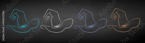 Vector chalk drawn illustration set of witch hats