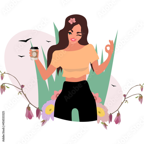 A cartoon girl with a coffee smiling and winking on the background of plants and flowers. Vector illustration.