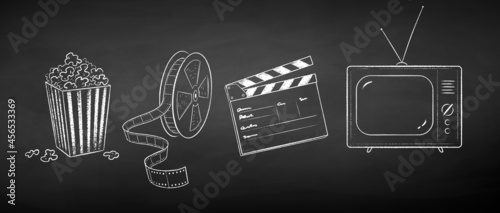 Chalk drawn illustration set of movie symbols