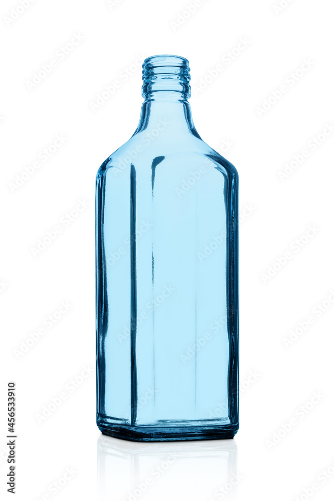 Glass bottle. Blank clear blue glass bottle square shape isolated on white background.