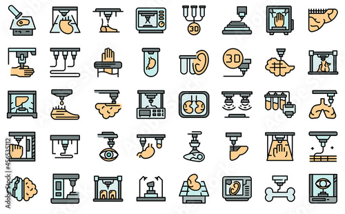 Bioprinting icons set. Outline set of bioprinting vector icons thin line color flat isolated on white
