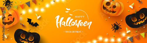 Happy Halloween background with glowing pumpkins, candy, bat, flags and spiders.Flyer or invitation template for Halloween party. Vector illustration.