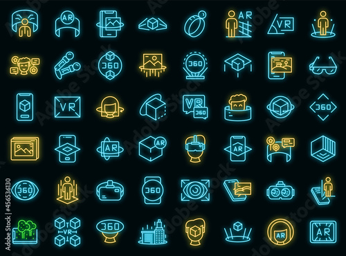 Augmented reality icons set. Outline set of augmented reality vector icons neon color on black