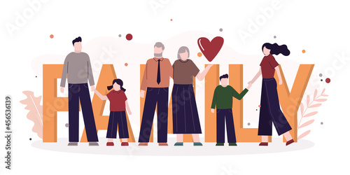 Huge family in front big word. Happy parents with children. Six cute people standing. Cartoon mother, father, grandparents and two kids