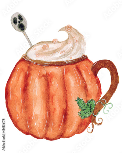 Watercolor autumn illustration, ceramic pumpkin mug with coffee drink and gloomy spoon on white background