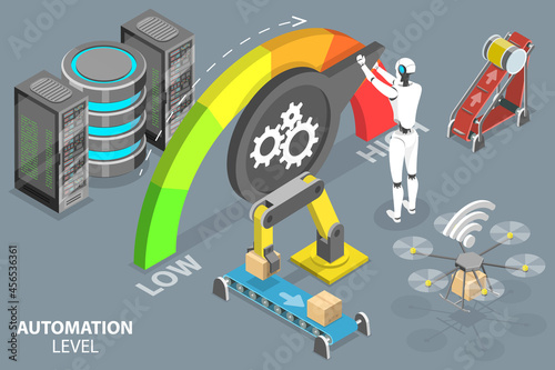 3D Isometric Flat Vector Conceptual Illustration of Level Of Automation, RPA and Artificial Intelligence