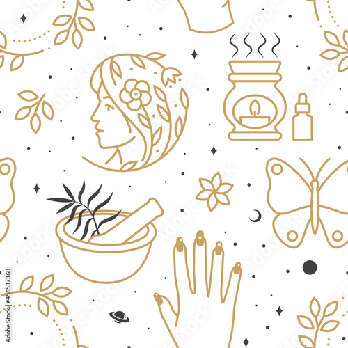 Cosmetics seamless texture, pattern, background, wallpaper, packaging design templates for Beauty center beauty salon, health care, cosmetic center. Vector illustration. Line art style.