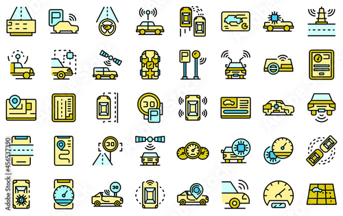 Autonomous car icons set. Outline set of autonomous car vector icons thin line color flat isolated on white
