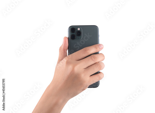 close up hand hold phone isolated on white, mock-up smartphone isolated on white background