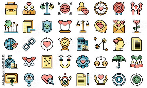 Trust relationship icons set. Outline set of trust relationship vector icons thin line color flat isolated on white