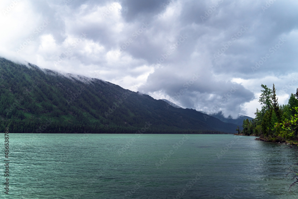 mountain lake in the fog