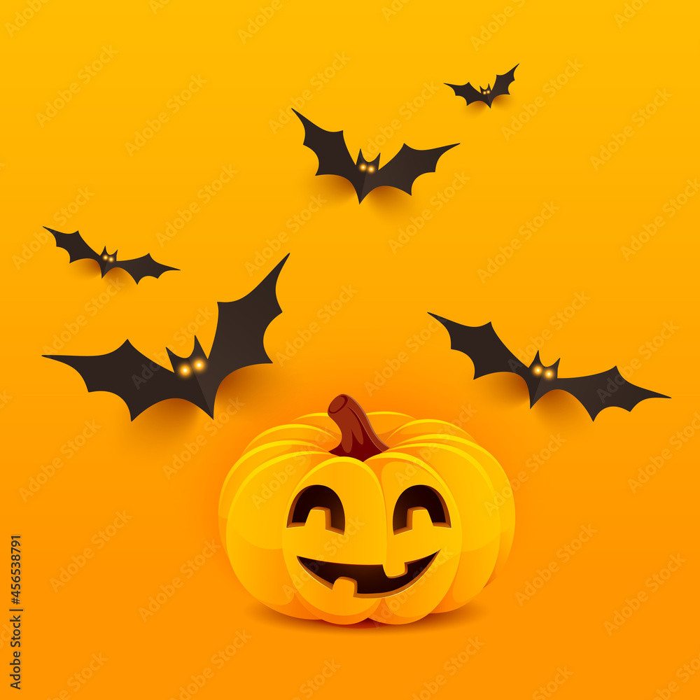 Naklejka premium Halloween background. Horror Halloween poster with smiling pumpkin and bats. Party invitation, card or banner on orange background