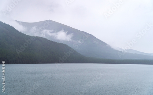 mountain lake in the fog