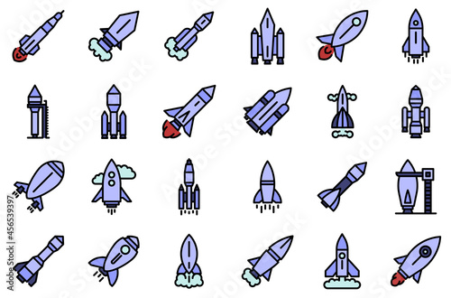 Spacecraft launch icons set. Outline set of spacecraft launch vector icons thin line color flat isolated on white