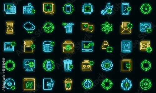 Regeneration icons set. Outline set of regeneration vector icons neon color on black