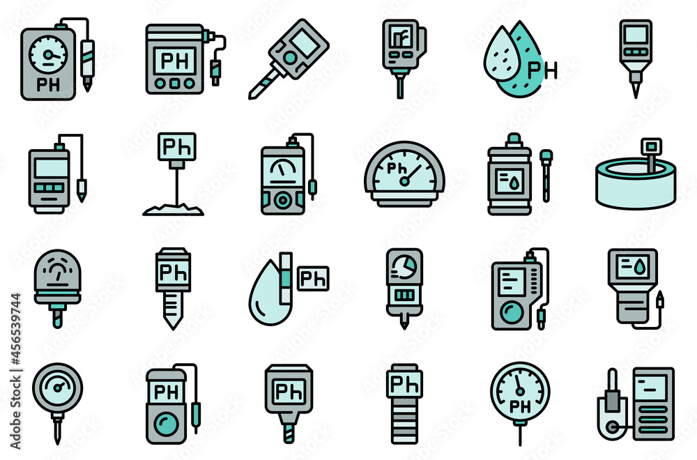 Ph meter icons set. Outline set of ph meter vector icons thin line color flat isolated on white Ph meter icons set. Outline set of ph meter vector icons thin line color flat isolated on white